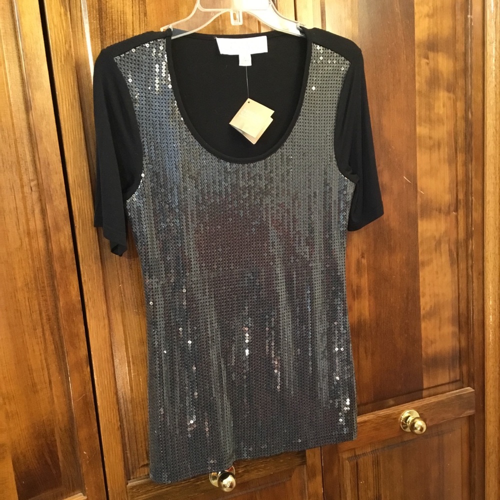 Badgley Mischka sequin embellished shortsleeved blouse, XS, NWT, stretch